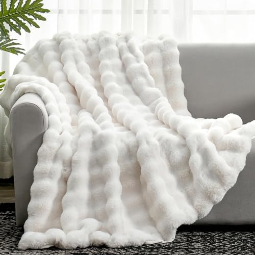 Cozy Bliss Kunstfell-Überwurfdecke für Couch, flauschig, weich, Plüsch, Dicke Blasen-Decke für Sofa, Schlafzimmer, Wohnzimmer, 127,7 x 152,4 cm, Cremeweiß