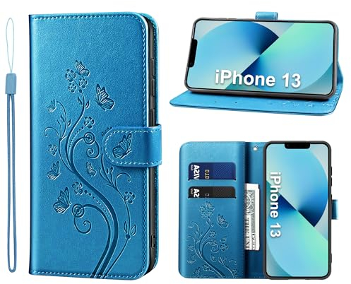KRAFTCARE Handyhülle für iPhone 13 Hülle, für iPhone 13 Hülle mit Kartenfach Geld Slot Ständer Magnetic Closure, Flip Case Leder Schutzhülle Tasche Handyhülle für iPhone 13 Hülle, Blau