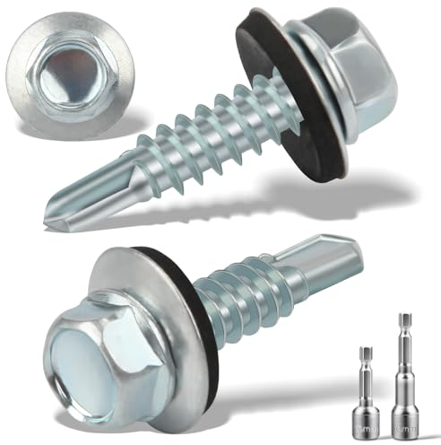 120 pezzi Viti Autofilettanti per Metallo 6,3 X 25 mm Viti Autoperforanti Cappellotti per Lamiere Grecate Esagonali con Rondella di Tenuta Zincata in Acciaio + 2 punte esagonali M10 (Argento)
