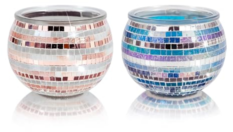 Toptime Portavelas de té, juego de 2 portavelas votivos de cristal de mosaico, oro rosa y azul, hechos a mano, portavelas redondos románticos, tarro de vela de cuenco, decoración de centros de mesa