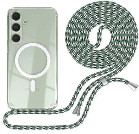 EAZY CASE - Handykette kompatibel mit Samsung Galaxy S24 Plus Kette zum Umhängen Stoßfest Handyhülle für Galaxy S24 Plus Silikon Hülle mit Band Transparent Hell Grün Camouflage - Clips Silber