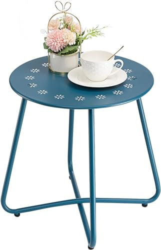 danpinera Outdoor Beistelltische mit Blumenausschnitten, Wetterfester Stahl Patio Beistelltisch, Kleiner Runder Outdoor Beistelltisch, Metall Kleiner Tisch Patio, Hof, Balkon, Garten, Marineblau