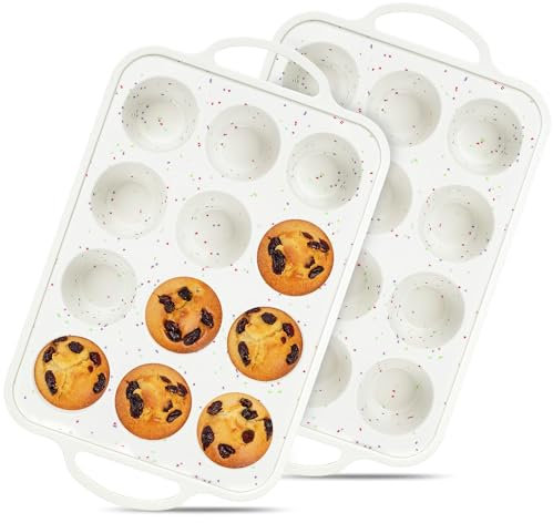 AOTASO Teglia per muffin in silicone antiaderente per 12 cupcake piccoli con telaio rinforzato in metallo (2 pezzi, crema)
