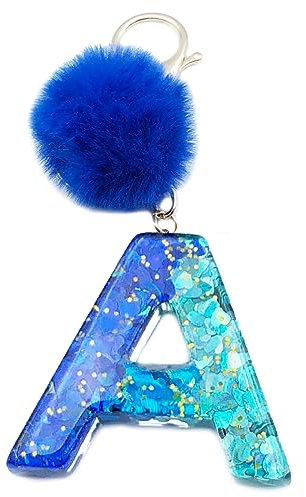 Xsclpomddy Porte-clés mignon pour fille avec lettres de l'alphabet et pompons en résine bleue pour sac à breloques, a, taille unique