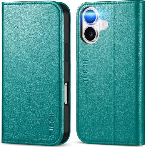 TUCCH Flip Card Wallet Case for iPhone 16 (6.1) 2024, Cyan | 3 Card Holders, RFID Blocking, Viewing Stand, Shockproof TPU, Premium PU Leather, Folding Folio Cover