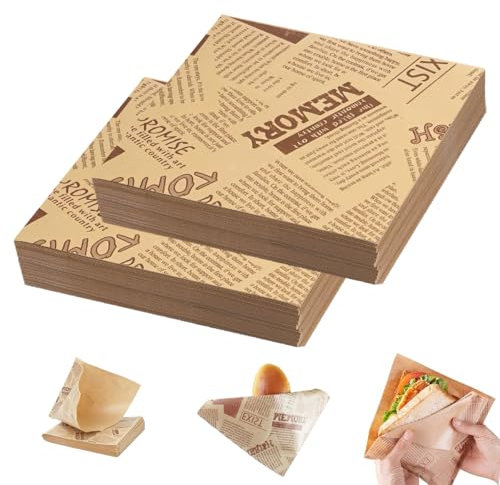 200 Blatt Burger Tüten (15 X 15 cm) Snacktaschen, Fettdichte Sandwich Papier mit Druck, Antihaftbeschichtete Burger Papiertüten für Pommes, Burgern, Sandwiches, Snack (Große Dreieckige öffnung)