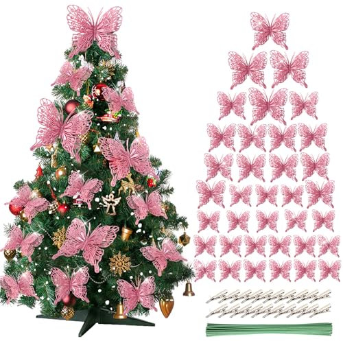 JULBEAR 36 PCS Christmas Glitter Butterfly Ornament, 3 Size Pink Hollow out Butterflies Christmas Tree 3D Ornaments with Clips and Stems for Christmas Tree Wedding Wreath Party Supply(Pink)