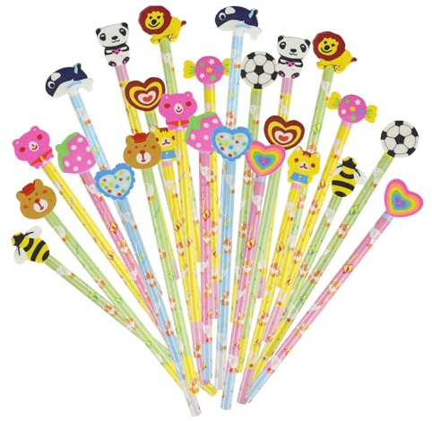 SULOLI 24 Stück Bleistifte Kinder Mitgebsel mit Radiergummi,Mehrfarbig Karikatur Bleistifte Set,Tiere Design Mitgebsel Geschenke für Kinder Prüfungen Schule Zeichnen Malen