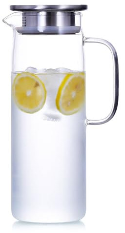 Glass Water Jug with Lid-1.5L, with Stainless Steel Filter lid and Handle, Jug for Both Cold and hot Water, Glass Pitcher for Homemade Iced Tea and Juice
