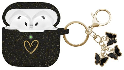 AIIEKZ Kompatibel mit AirPods 4 Hülle 2024, weiche Silikonhülle mit goldenem Herzmuster für AirPods 4. Generation Hülle mit süßem Schmetterlings-Schlüsselanhänger für Mädchen Frauen (Glitzer Schwarz)