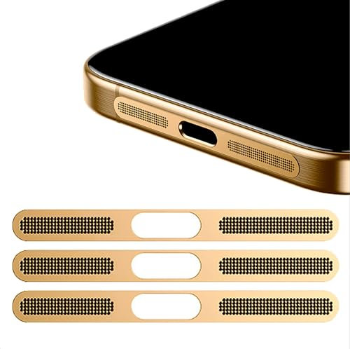 GIOPUEY Mesh Anti Dust Metal Sticker for iPhone 16 Pro Max, 3 pack Integrated Protective Speaker and Charging Port - gold