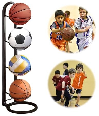 YANGUN 4 Tiers Ball Storage Rack, Basketball Rack, Vertical Ball Storage Rack, Multi-Layer Ball Organizer Rack, Basketball Organizer Rack for Volleyball Basketball Football Indoor Outoor(White)