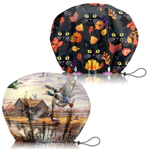 Zewurtuw 2 PCS Shower Cap Adjustable Reusable Double Waterproof Layer Elastic Hair Bath cap Cute Aesthetic for Women Girls-Cat Duck