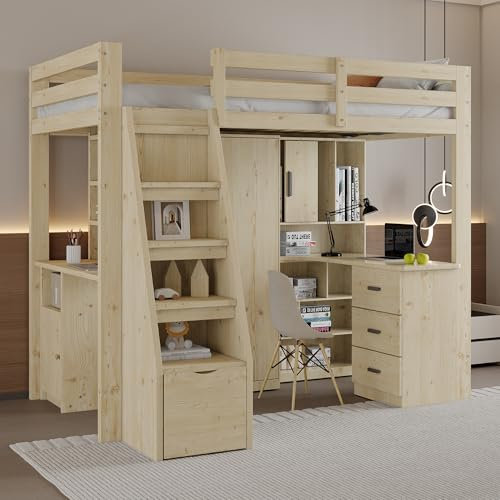 KecDuey Cama alta de 90 x 200 cm, para niños con mesa de trabajo, estantes y armarios, escalera de seguridad con espacio de almacenamiento, cajones de almacenamiento, cama individual, cunas, marco de