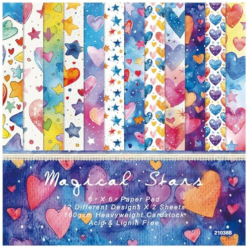 ZAKHSE Motivpapier Valentinstag, 24 Blatt Liebe Herz Sterne Designpapier 15,2×15,2cm, Einseitig Bedruckt Gemustert Scrapbook Papier, 12 Muster, 160gsm Säurefrei Bastelpapier für DIY Sammelalbum