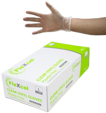 FleXcel Clear Extra Large Disposable Vinyl Gloves – Box of 100 – Powder Free Latex Free Medical Grade Examination Gloves AQL 1.5 – Non-Sterile Food Safe Disposable Glove for Kitchen Prep & Handling