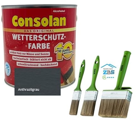 zbs24 Consolan Wetterschutzfarbe hockdeckende Holzfarbe für Aussen, inkl. 3 teiligen Pinselset zur einfachen Verarbeitung der Holzfarbe (anthrazitgrau, 2,5 Liter)