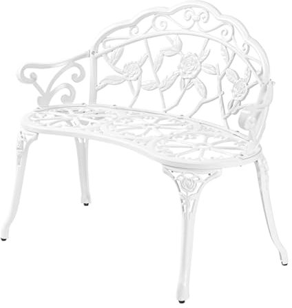 Generisch 2-Sitzer Gartenbank Wetterfest, Guss-Aluminium Parkbank im Landhausstil, Rosen-Design, kleine Sitzbank mit Rückenlehne für Balkon Terrasse & Garten, 100x54x80cm(White)