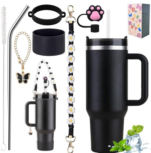 Sanilinwild 40 oz Tumbler Insulated Mug w/Straw & Flip Cap Lids - Cup Holder Bottle with 6 Accessories Set for Hot, Cold Drink - Leak-Proof - Water, Coffee Portable Travel Mug (Midnight Black)