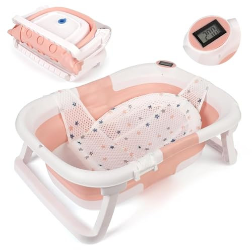 Baignoire Bébé Pliable, Avec Thermomètre et Sur Pied, Baignoire pour 0 à 36 Mois, Bassine Bébé Avec Filet de Bain Antidérapant et Trou de Vidange, Rose