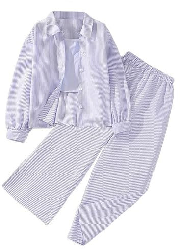Ensemble Ete Enfant Fille Chic Pas Cher Ample Tailleur Pantalon Jambe Large et Chemise Manche Longue Ado Fille Confortable Mignon Habillée a la Mode Casual Vacances 8-13 ans (Violet, 11-12 ans)