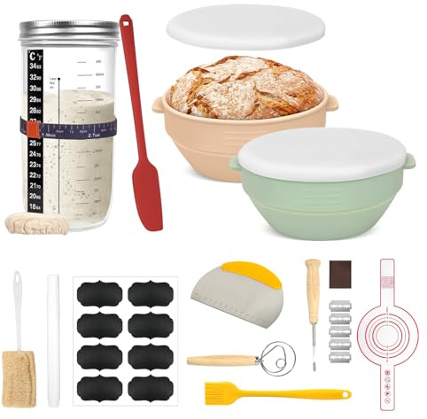RAIN Queen Silicone Bread Proofing Basket Set (Beige +Green Circular) | 2 Baskets，Sourdough Starter Set,Including Various Accessories Needed for Bread-making and a set of Glass Airtight Yeast Jars