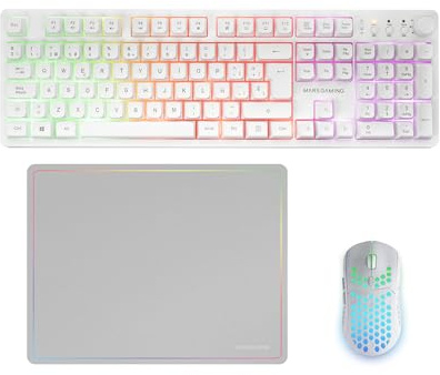 Mars Gaming MCPWX, Combo Gaming Inalámbrico, Tecnología DualPro Link 2.4GPRO, Teclado Completo FRGB con Control Multimedia + Ratón RGB 3200DPI + Alfombrilla Antideslizante 360x260mm, Blanco, Italiano