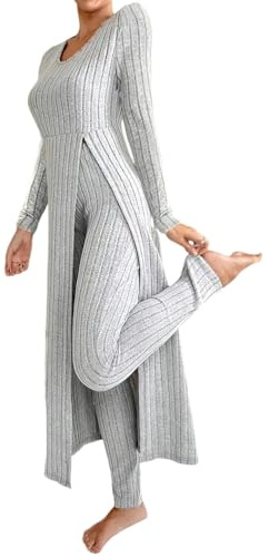 shownicer Femme Ensembles Pantalon 2 Pieces Décontractée Loungewear Manches Longues Tricoté Top et Leggings Ensemble Casual Outfit Set Jogging Tenue De Sport Automne Hiver A Gris XXL