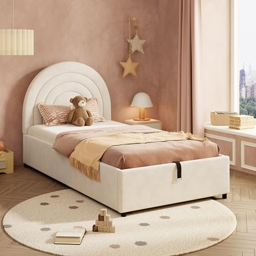 Merax 3ft Single Upholstered Bed with Storage, Girls Single Ottoman Bed with Hydraulic & Wooden Slatted Frame, for adults and teenagers, Velvet, Beige/90x190 cm (No Mattress)