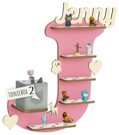 Holzura Tonie Regal für Toniebox, Toniebox Regal personalisiert mit Name und Holzsymbolen, Tonie Aufbewahrung (Buchstabe J)