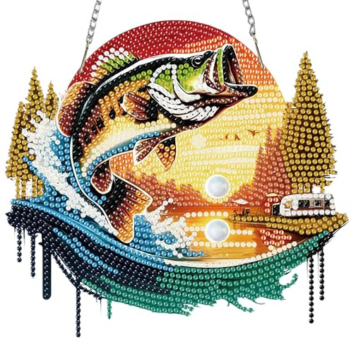 MISCER Diamond Art painting Anhänger Windspiel, Fisch Diamond Painting Anhänger mit Kette für Kinder Erwachsene, Hängende Ornament Bastelset Set für Tür Garten Wand Angeln Deko