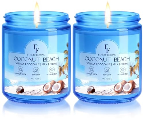 Coconut Beach Scented Candle, Natural Soy Wax Jar Candle for Home Scented, 100-Hour Burn Time Gifts for Women Men, 7 oz (2 Pack)