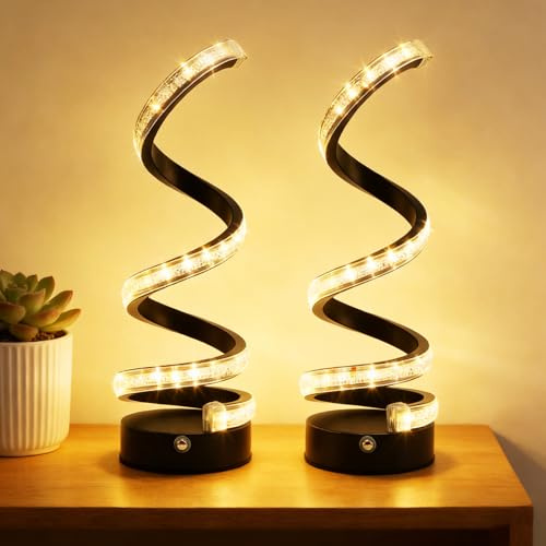 Refein Bedside Lamps for Bedroom, Black Spiral LED Table Lamp | Dimmable 3 Colors Small USB Powered Desk Light for Reading Modern Twisted Nightstand Side Lamp Decor (2 Pack)