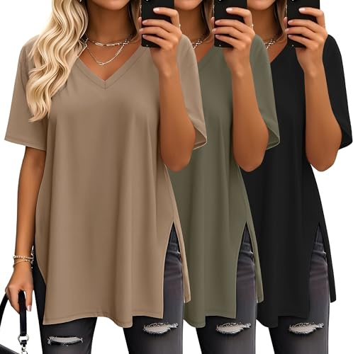 Geyoga 3 Pack Oversized Shirts for Women V Neck Workout T Shirt Casual Side Split Tee Short Sleeve Loose Tops Tunic Tops(Black, Olive Green, Coffee,XX-Large)