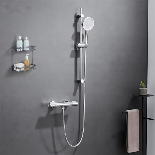 Auralum Columna de Ducha con Grifo Ducha Termostatico,Barra Ducha de Acero Inoxidable (70cm) con Alcachofa(4 Funciones),Inox Manguera(150cm),Soporte, Cromo