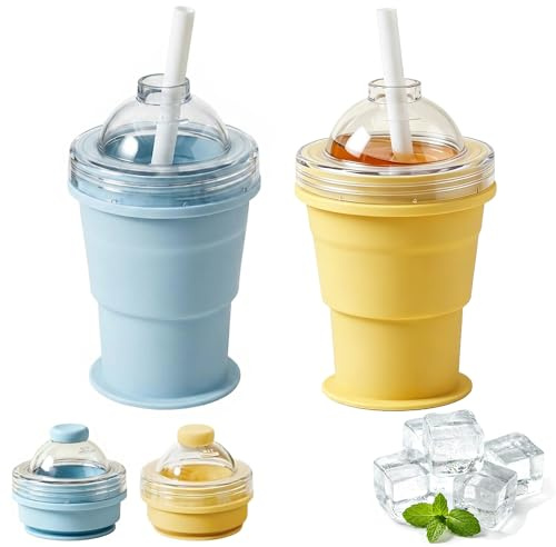 2-in-1 Collapsible Silicone Ice Ball Maker Cup with Straw & Lid, Reusable Portable Ice Sphere Mold, Leakproof Travel Tumbler for Coffee Juice Whiskey Cocktails, Gym, Camping, Outdoor (Yellow+Blue)