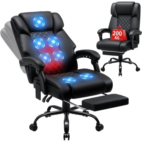 HOFFREE Ergonomischer Bürostuhl mit Massage und Heizfunktion,Schwarz | Chefsessel Schwerlast bis 200kg mit Fußstütze und Liegefunktion Drehstuhl aus Kunstleder für Home Office