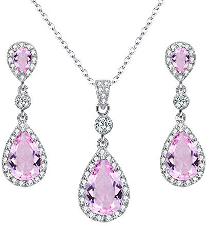 Clearine Cubic Zirconia Schmuckset Damen 925 Sterling Silber Hochzeit Braut Unendlichkeit Tropfen Anhänger Halskette Dangle Ohrringe Schmuck Set Pink Turmalin Farbe