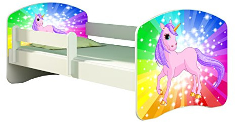 ACMA Kinderbett Jugendbett mit Einer Schublade und Matratze Weiß II 140 160 180 40 Design (180x80 cm, 18 Pony Regenbogen)
