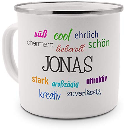 printplanet Emaille-Tasse mit Namen Jonas - Metallbecher mit Design Positive Eigenschaften - Nostalgie-Becher, Camping-Tasse, Blechtasse, Farbe Silber