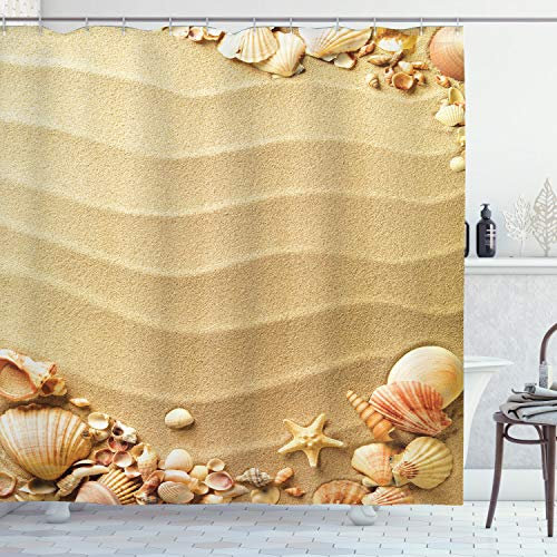 ABAKUHAUS Strand Duschvorhang, Sand mit Muscheln Wellen, Stoffliches Gewebe Badezimmerdekorationsset mit Haken, 175 x 220 cm, Sandbraun Mehrfarbig