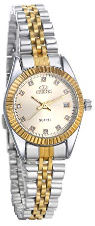 JewelryWe Paar Uhr Analog Quarz Kalender 30M Wasserdicht Partner Armbanduhr Edelstahl Armband Damen Uhren mit Gold Strass Zifferblatt
