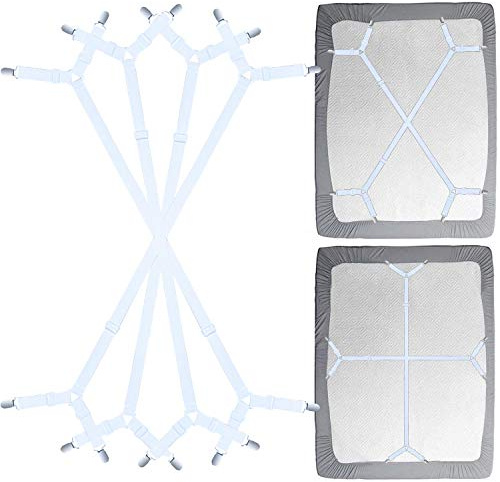 Siaomo Bed Sheet Fasteners Straps - 2 Way Adjustable Crisscross Sheet Corner Holder Straps Clips Gripper Elastic Band Suspenders Fasteners(2 Set/4Pcs, White)