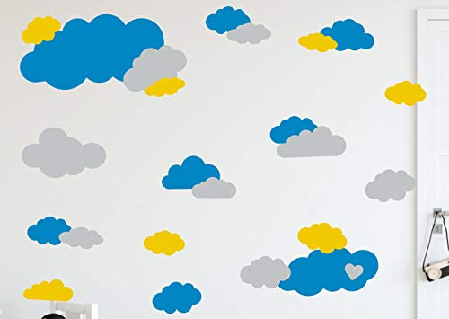 timalo® 35 Stück Wandtattoo Kinderzimmer XL Große Wolken Himmel Pastell Wandsticker – Aufkleber Wolkenset | 73091-SET14-35 | hellblau hellgrau gelb