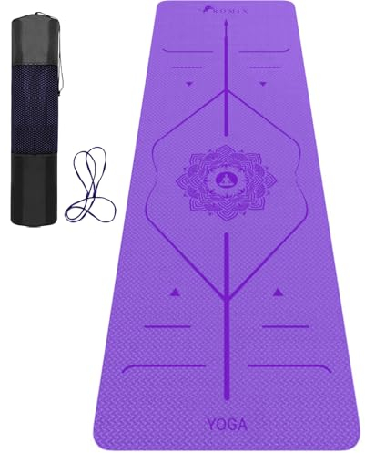 ROMIX Pro Yoga Matte Mit Körper Ausrichtungslinien, Yogamatte Rutschfest 6 mm Sportmatte Fitnessmatte für Erwachsene, Leicht Gymnastikmatte Mit Tragetasche und Gurt, Ideal für Pilates und Fitness