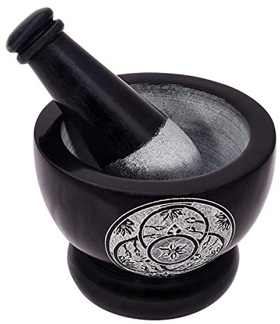 Divit Shilp Mortero y mortero, hecho de piedra dura pulida resistente, molinillo de piedra natural para especias, pastas, hierbas, condimentos, etc. (Black with Engraving)