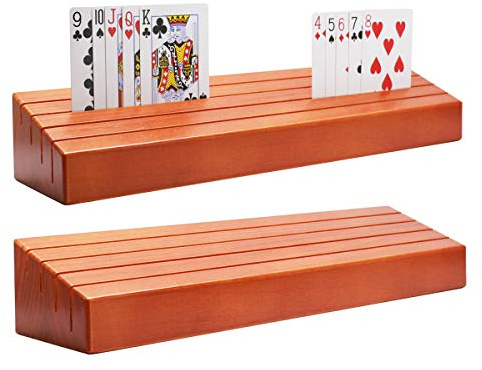 Exqline Wooden Playing Card Holder Set of 2 Solid Card Tray Rack Organizer for Kids Seniors Adults - 13.8 inch* 3.1 Inch Extended Versions Long Enough for Bridge Canasta Strategy Card Playing