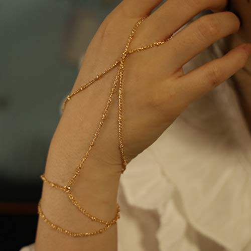 Yienate Modisches, mehrschichtiges Quastenkette, Fingerring-Armband, geschichtetes Armband, Handbündel, Sklavenarmband für Frauen und Mädchen (Gold)
