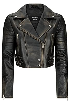 TruClothing.com Giacca Corta da Donna Biker Chiodo Vera Pelle Morbida Stile Classico - Nero Vegas S