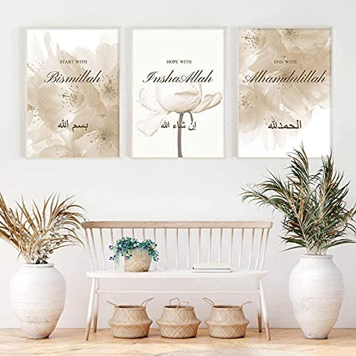 TBDY Arabische Kalligrafie Bismillah Blumenwand Islamische Leinwand Print Wall Art Painting Home Decor,Moderne Bilder Wohnzimmer Rahmenlos (40x50cm x3)